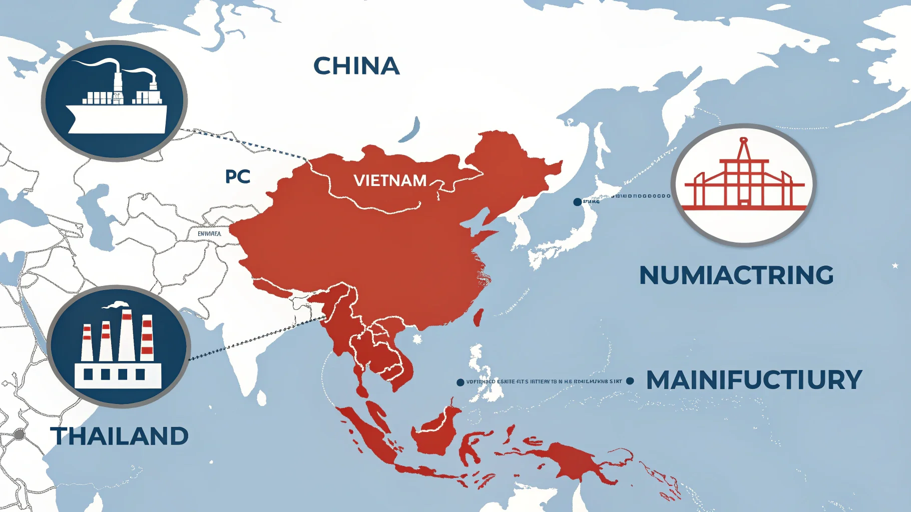 A map of Asia highlighting China, Vietnam, and Thailand with factory icons.