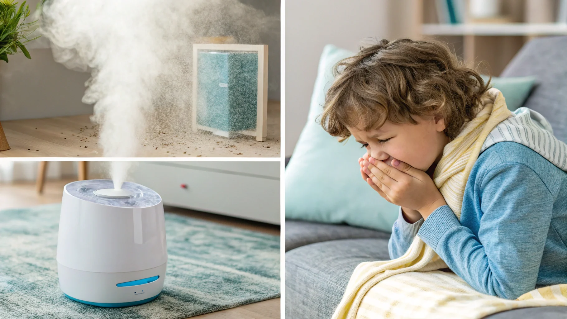 A collage of images showing a child with a cough, a dusty surface, and a moldy humidifier tank.