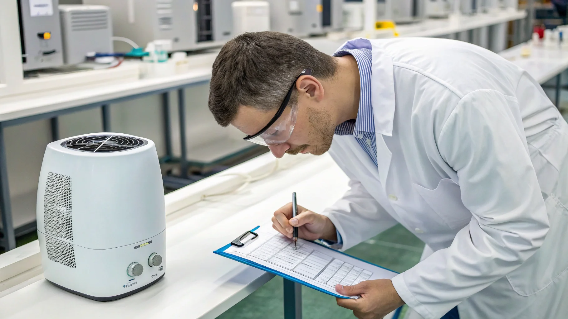 A quality control inspector examining a humidifier unit with a checklist