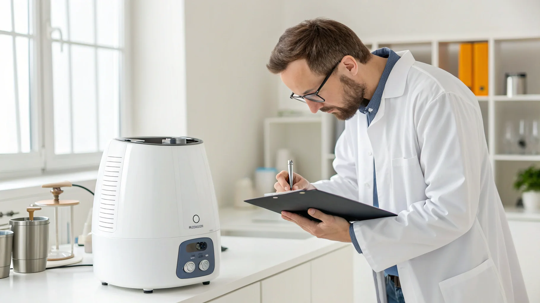 A quality control inspector examining a humidifier with a checklist on a clipboard.