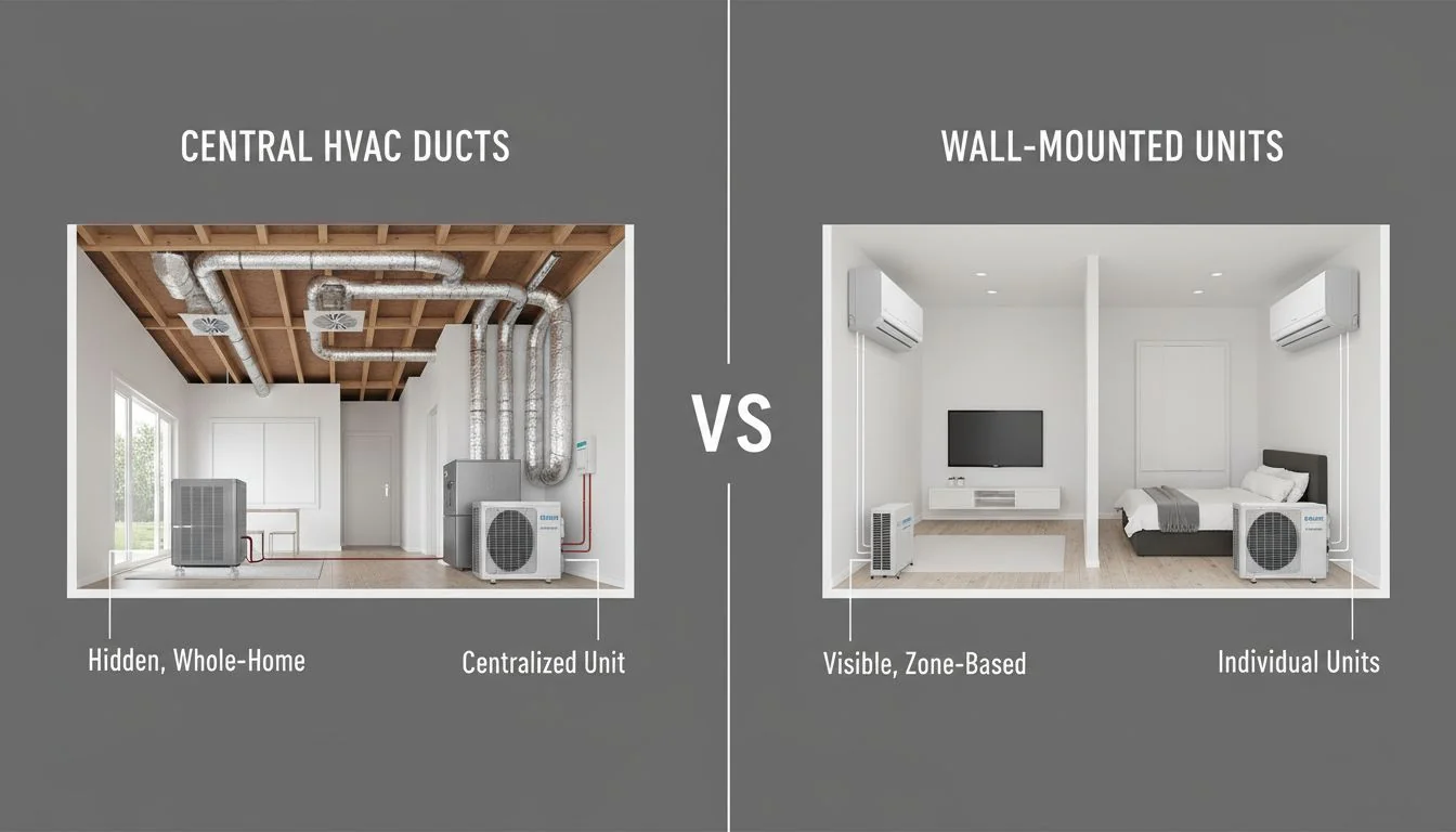 HVAC vs Wall Mounted Comparison of central HVAC ducts versus wall-mounted units