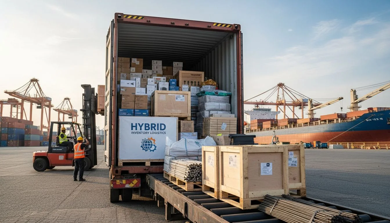 Hybrid Inventory Logistics Shipping container being loaded with mixed goods