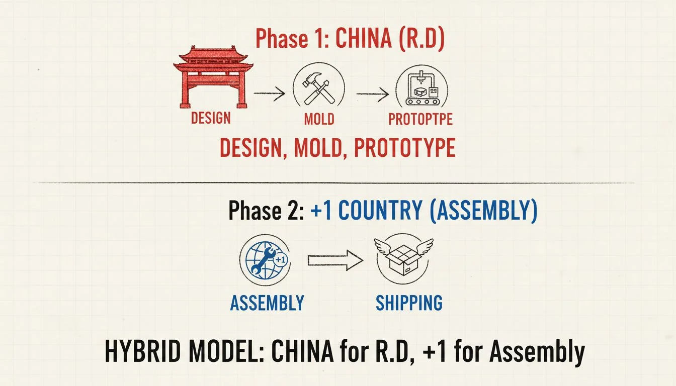 A two-phase diagram. Phase 1 in China shows icons for design, mold, and prototype. Phase 2 in a "+1" country shows icons for assembly and shipping.