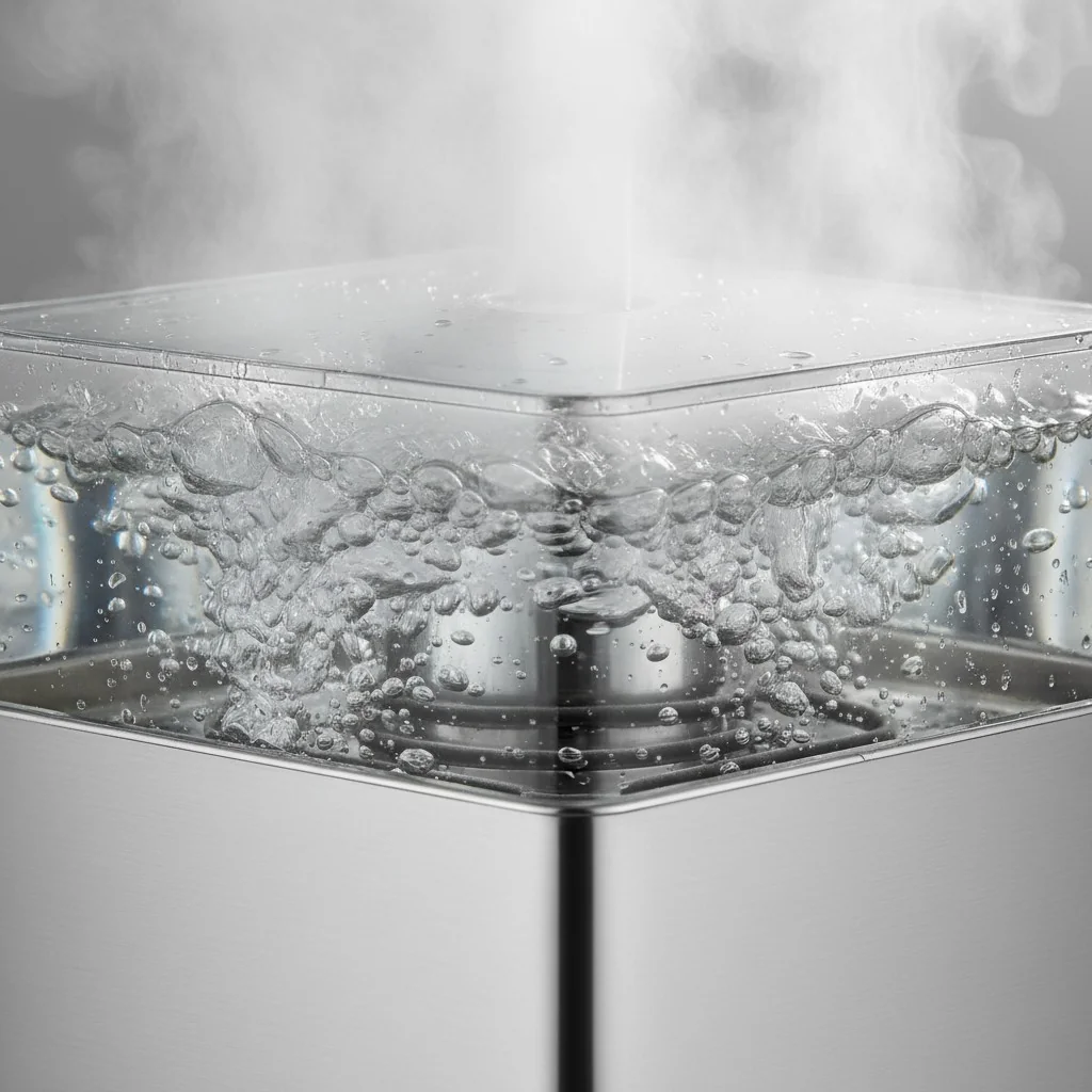 Close-up shot of water boiling inside a clean stainless steel humidifier tank.