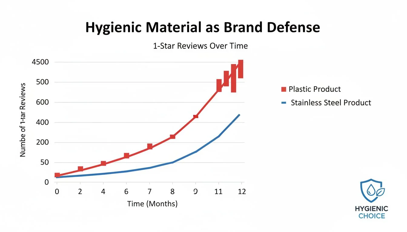 A graph showing 1-star reviews for a plastic product spiking over time, while a stainless steel product's reviews remain stable.