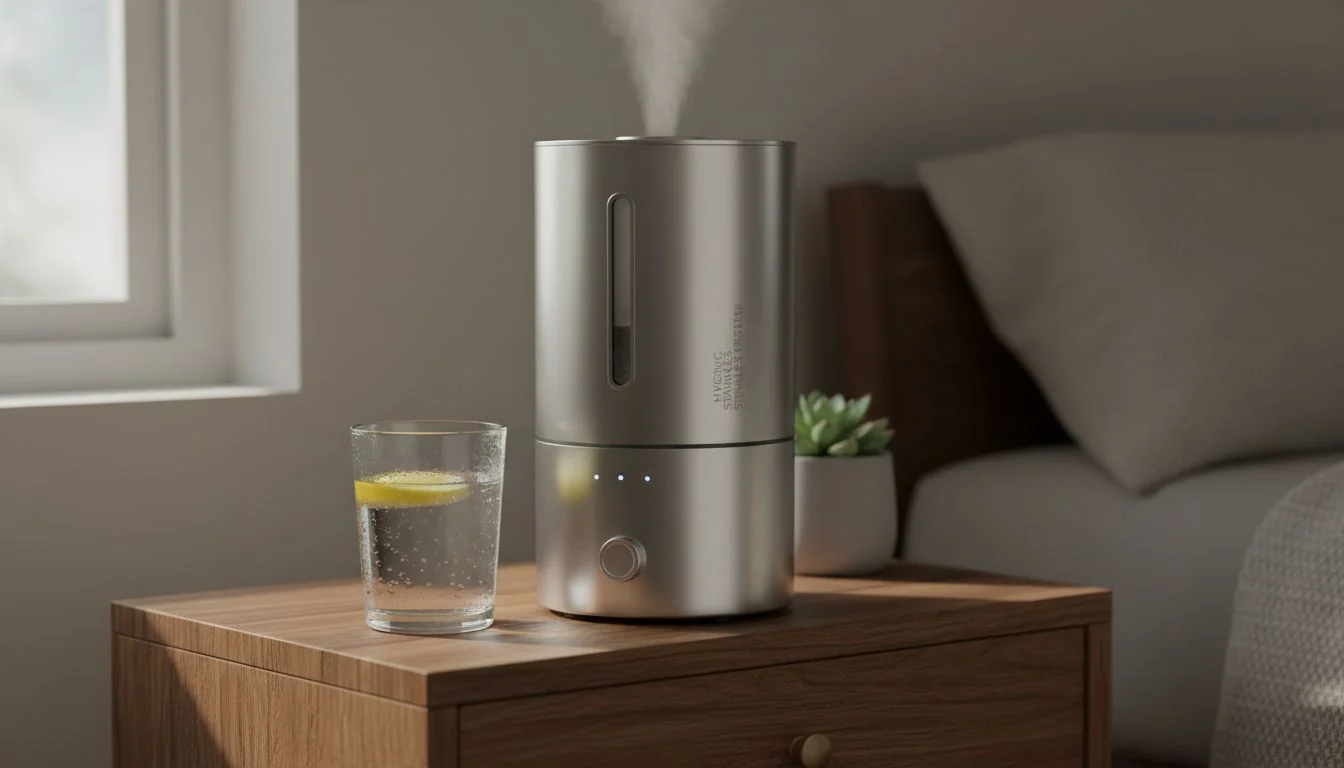 Hygienic Stainless Steel Humidifier A sleek stainless steel humidifier next to a glass of water on a wooden nightstand