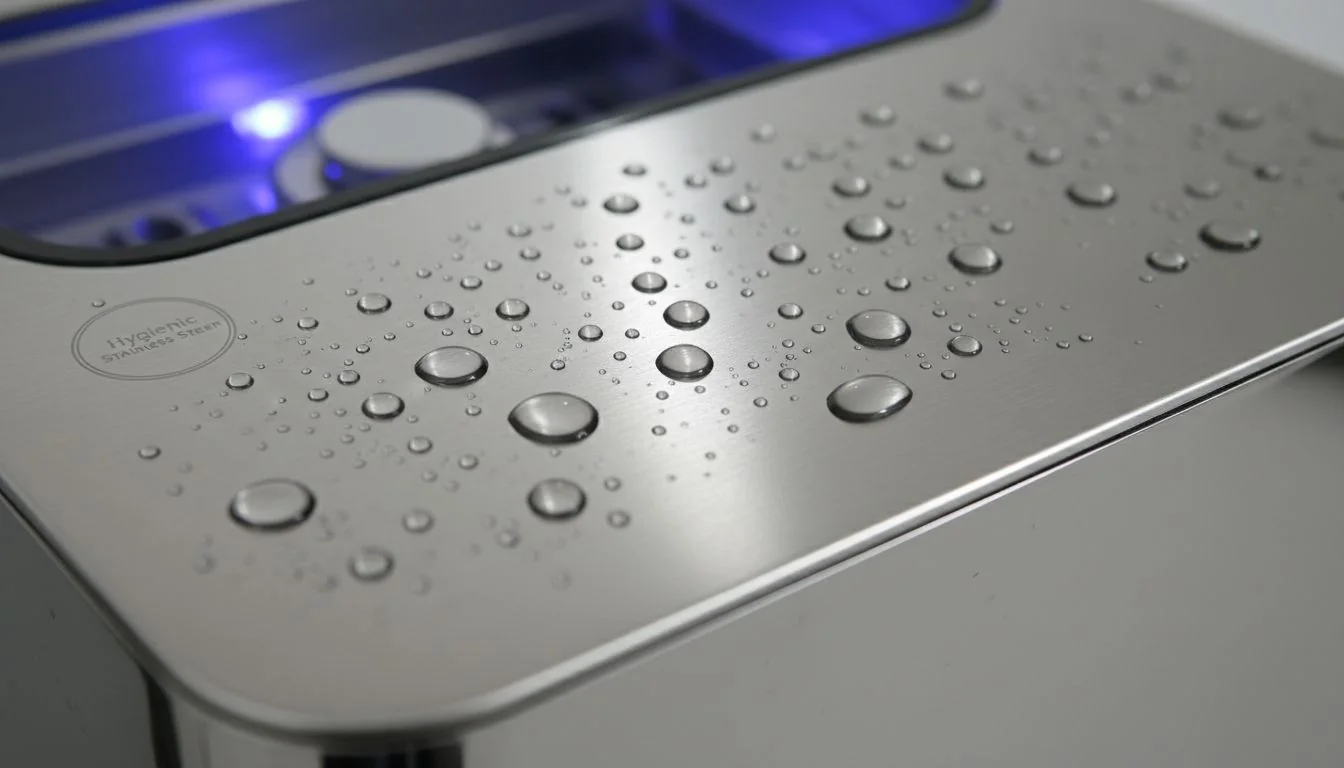 A close-up shot of water beading on a pristine stainless steel surface inside a humidifier.