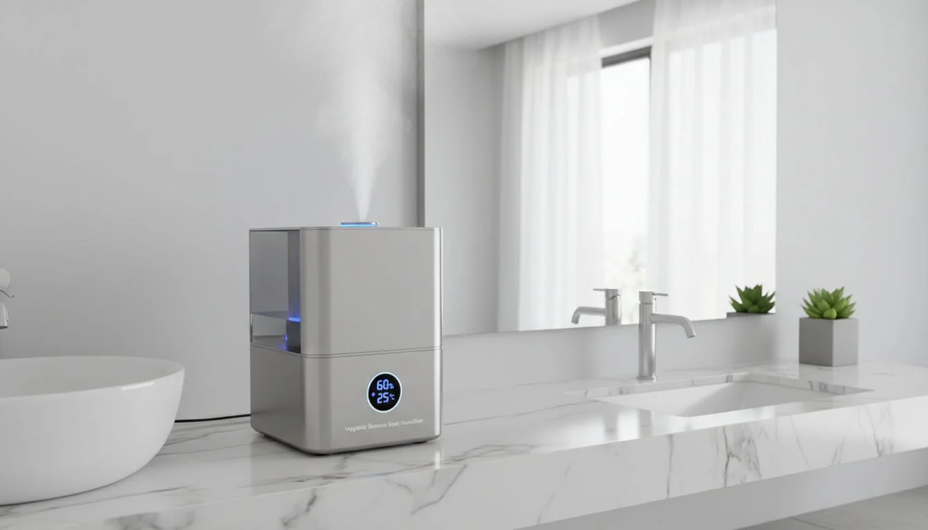 A sleek, modern stainless steel humidifier on a marble countertop in a bright, minimalist bathroom.