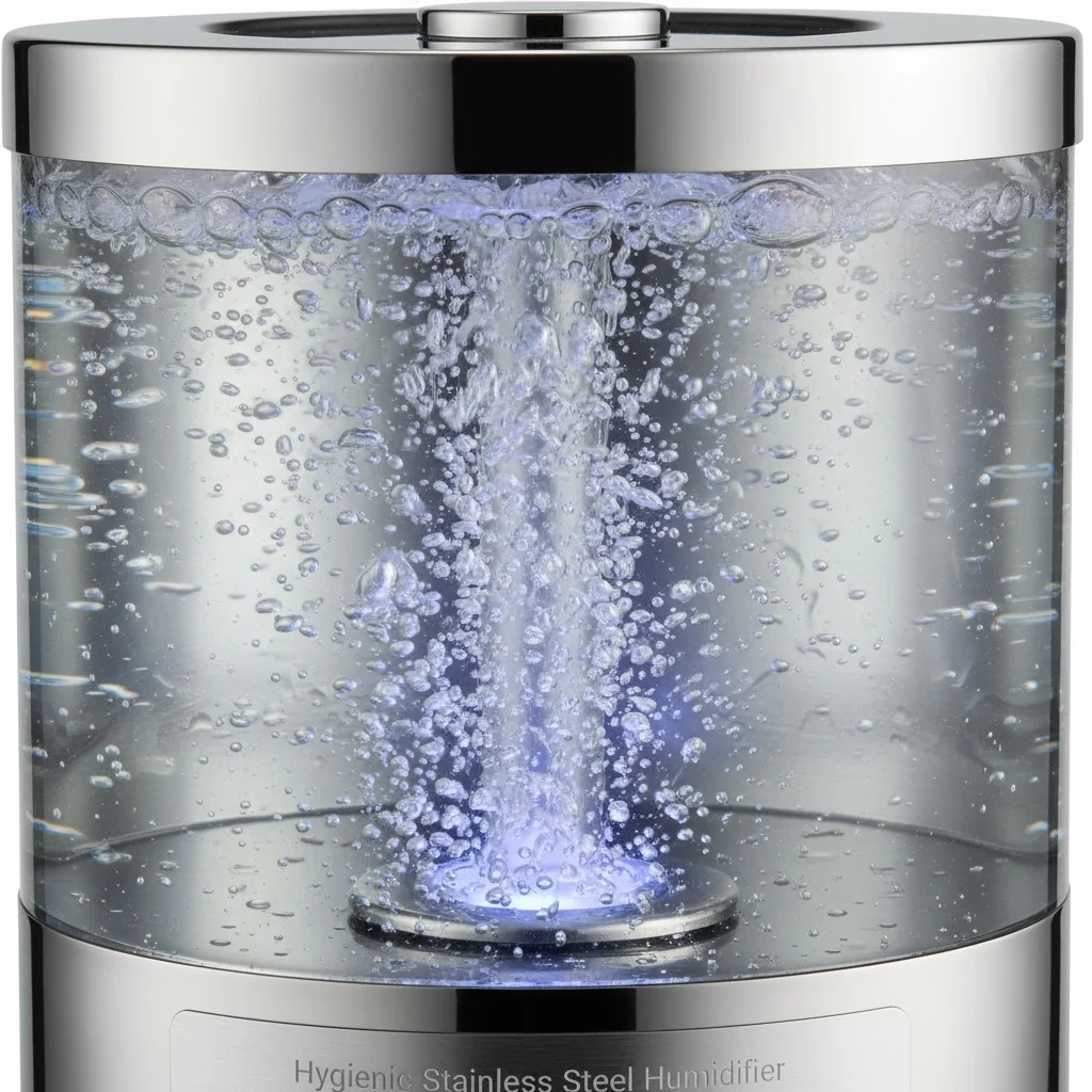 Close-up shot of water bubbling inside a clean, stainless steel humidifier tank.