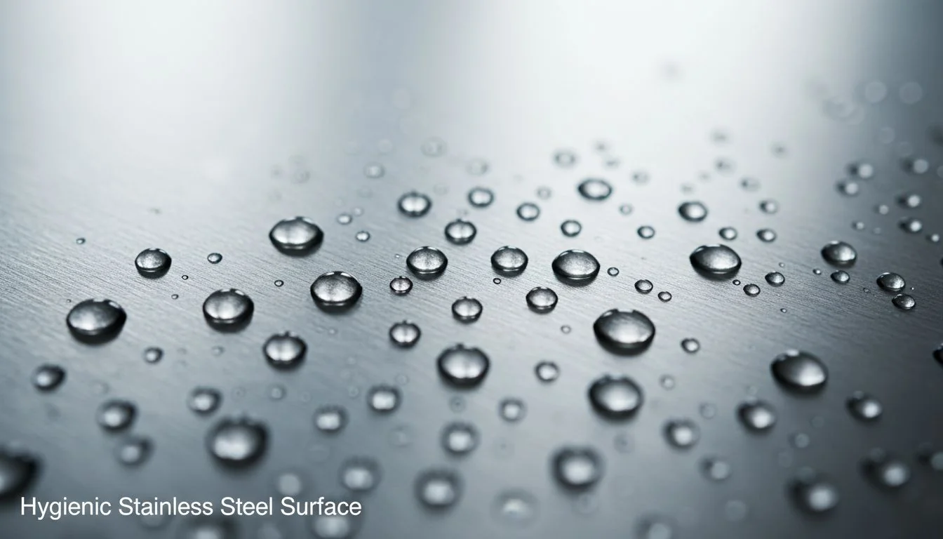 Hygienic Stainless Steel Surface Close-up shot of water beading on a clean stainless steel surface.