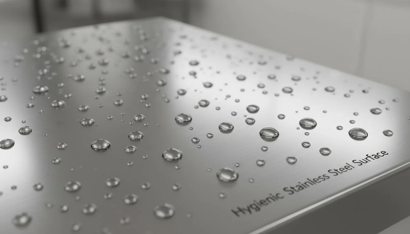 Close-up shot of water beading on a polished stainless steel surface.