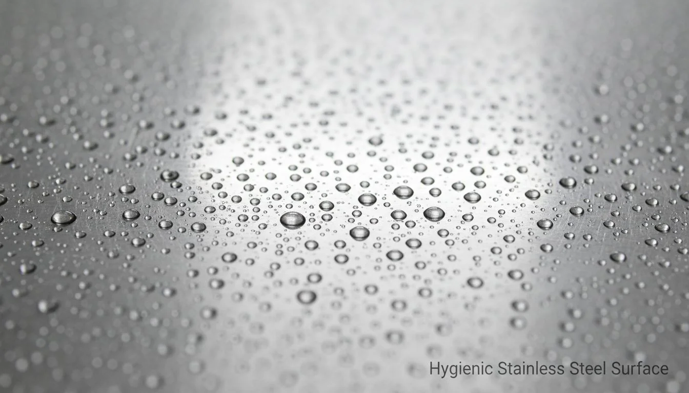 Close-up shot of water beading on a clean stainless steel surface.