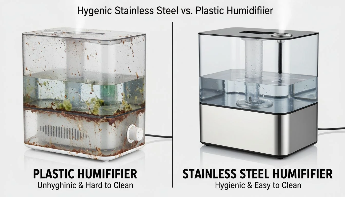 Hygienic Stainless Steel vs. Plastic Humidifier A split image showing a dirty plastic humidifier on one side and a clean stainless steel one on the other.