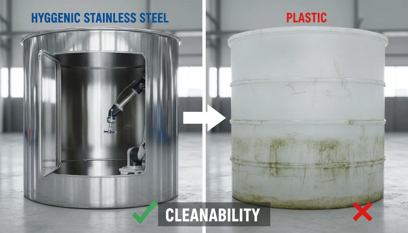 A side-by-side comparison of a stainless steel water tank and a plastic one, showing the cleanability of steel.