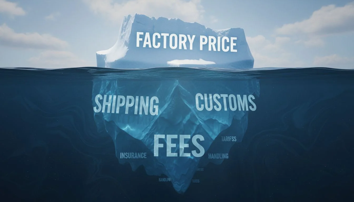 An iceberg with 'Factory Price' visible above the water and 'Shipping, Customs, Fees' hidden below.