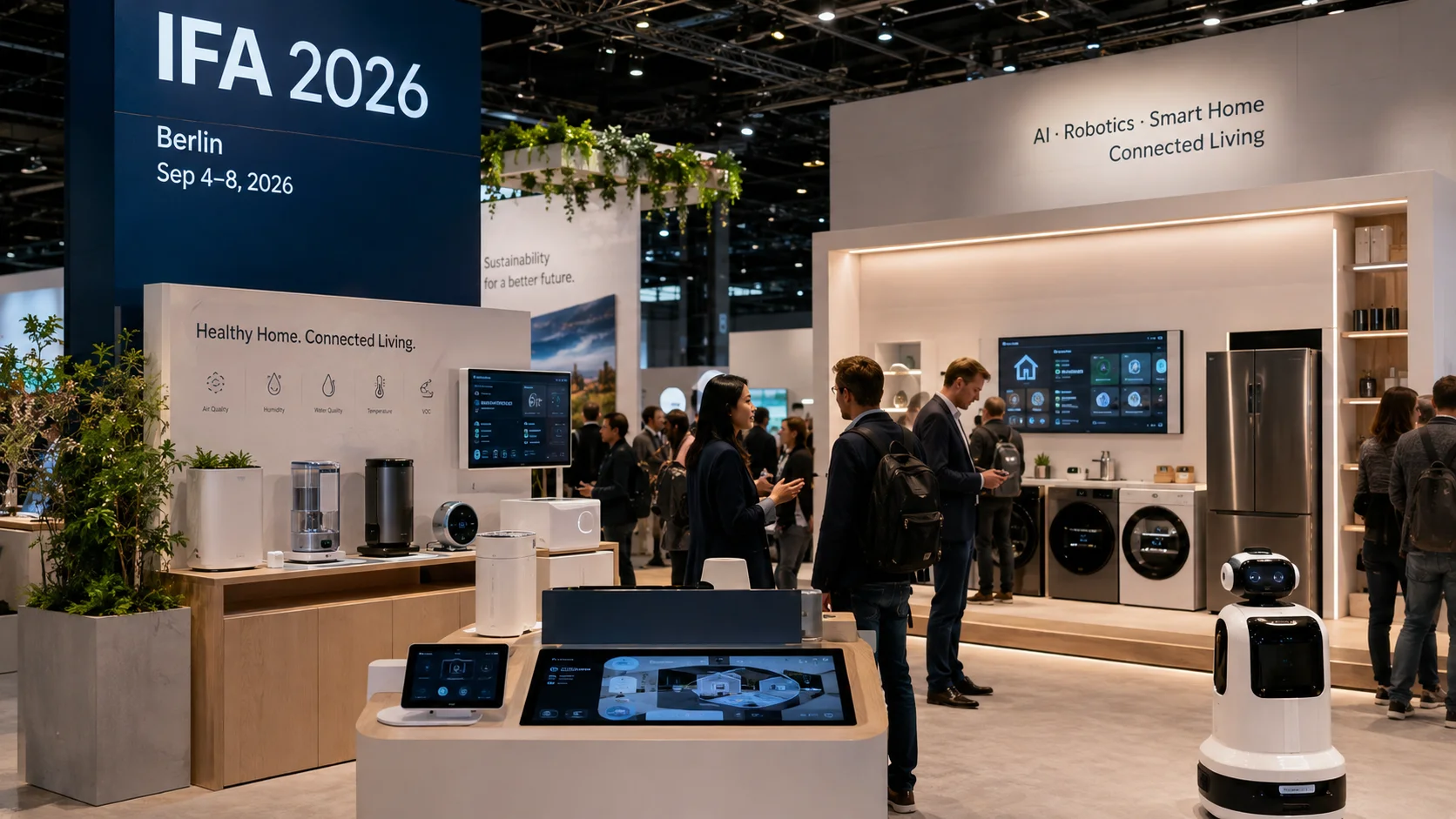 Exhibit at IFA 2026 in Berlin showing smart home technologies such as AI-driven appliances, a robotic assistant, and connected devices