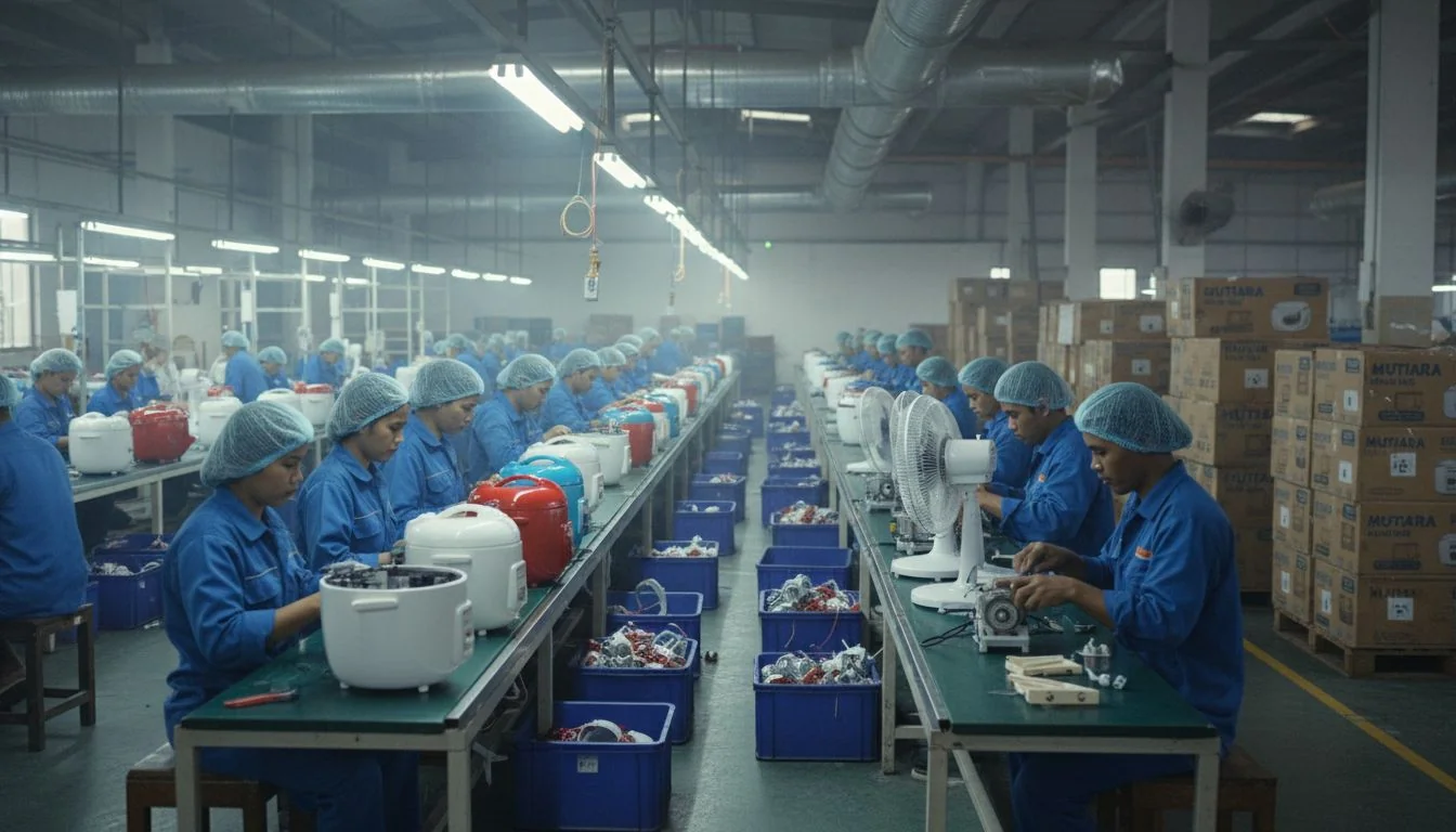 An assembly line in an Indonesian factory making basic plastic appliances.
