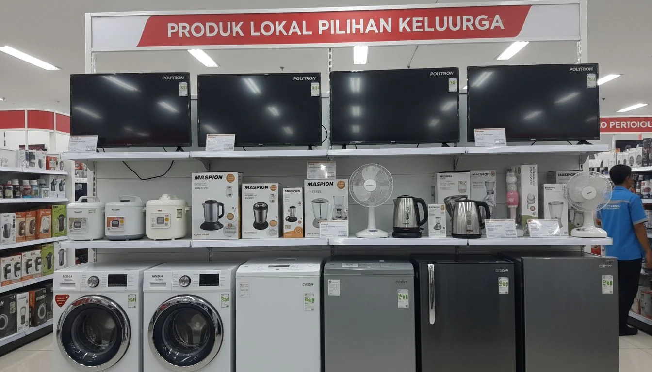 A shelf in an Indonesian electronics store showing local brands like Polytron or Maspion.