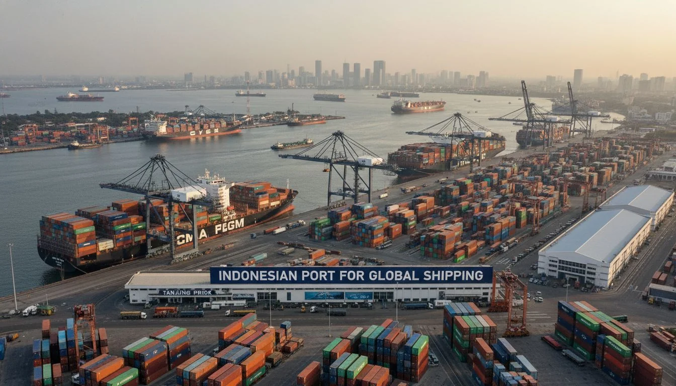 Cargo ships at a busy Indonesian port like Tanjung Priok.
