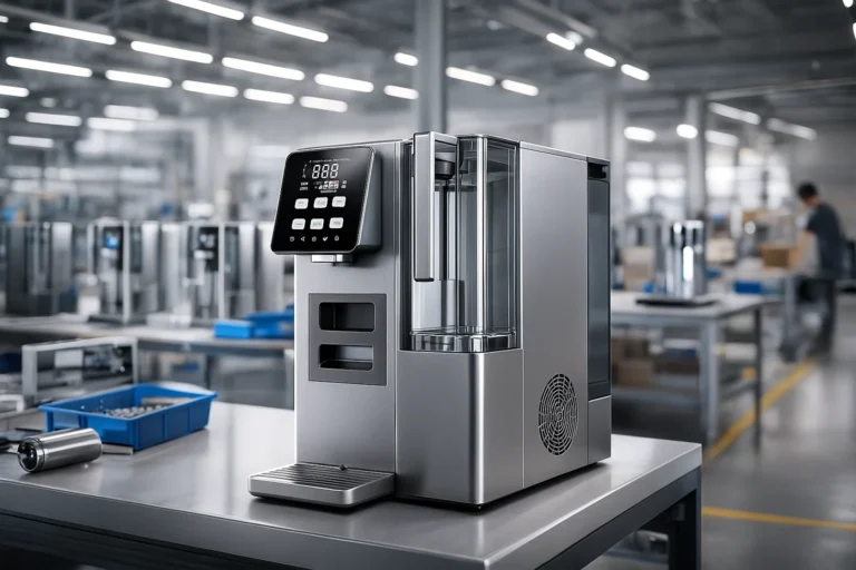 Stainless steel industrial coffee machine on a table in a large manufacturing facility with modern equipment and bright lighting.
