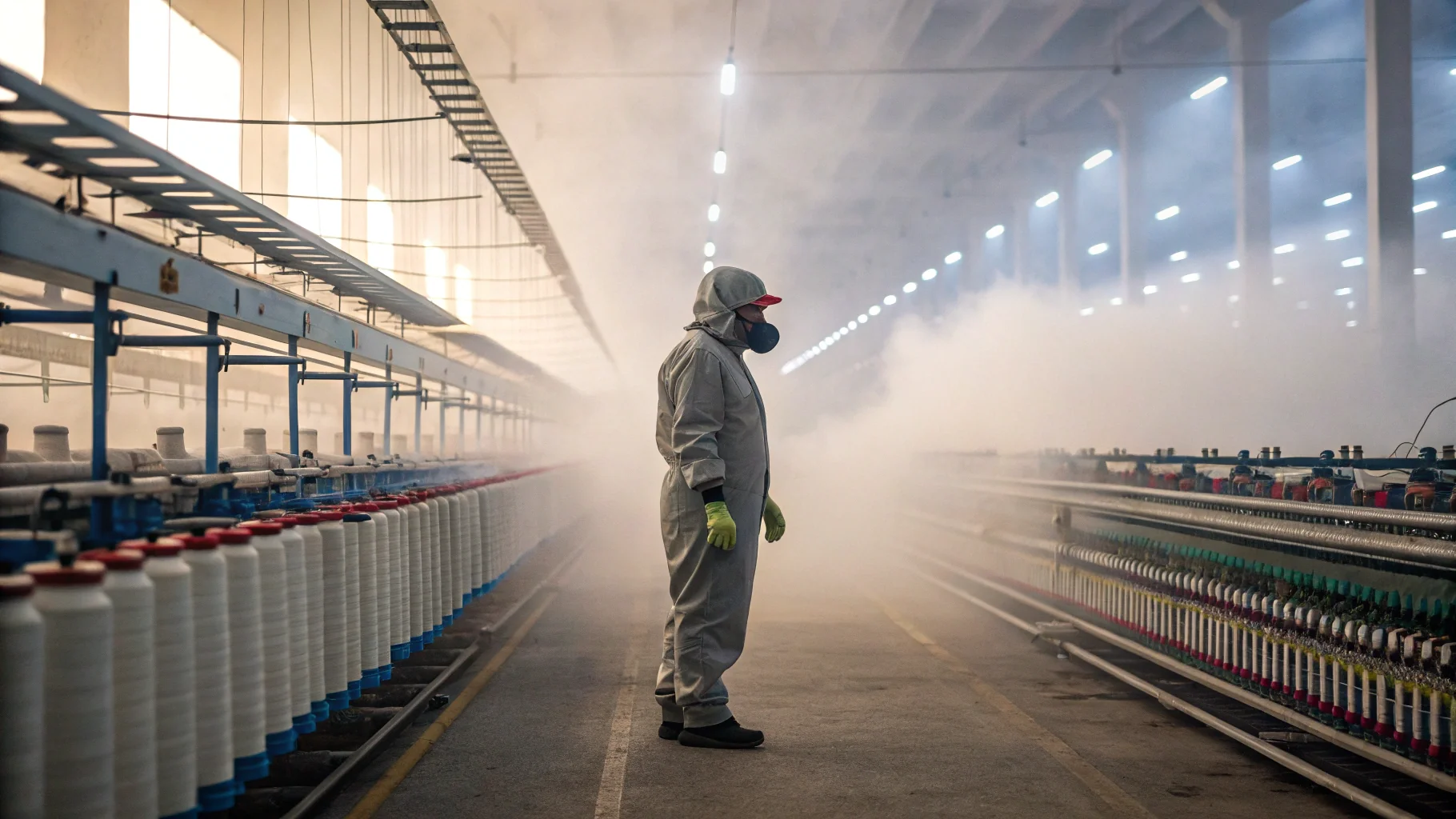 A worker in a textile factory with mist from an industrial humidifier in the background