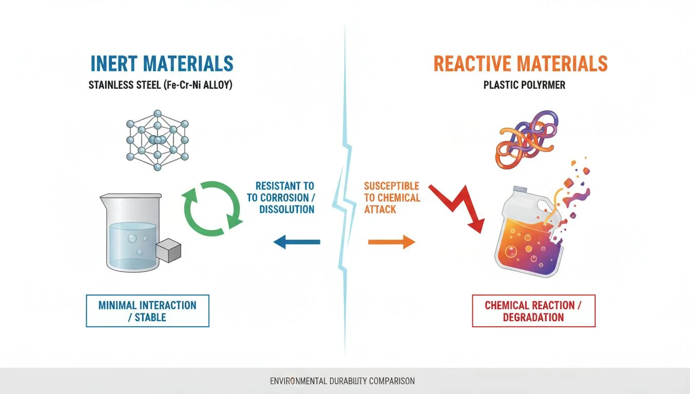 Inert vs Reactive Materials chemical structure of stainless steel vs plastic polymer