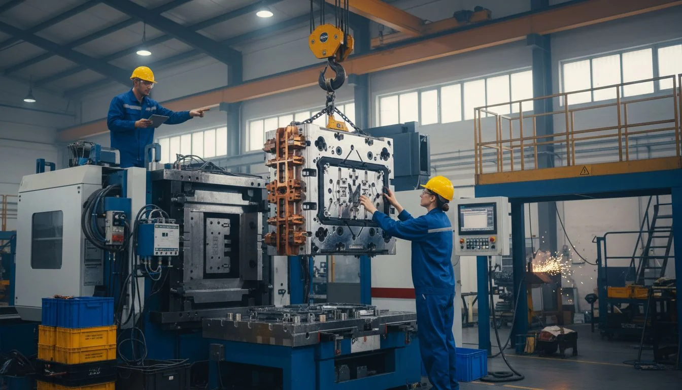 An engineer setting up a large injection mold in a factory.