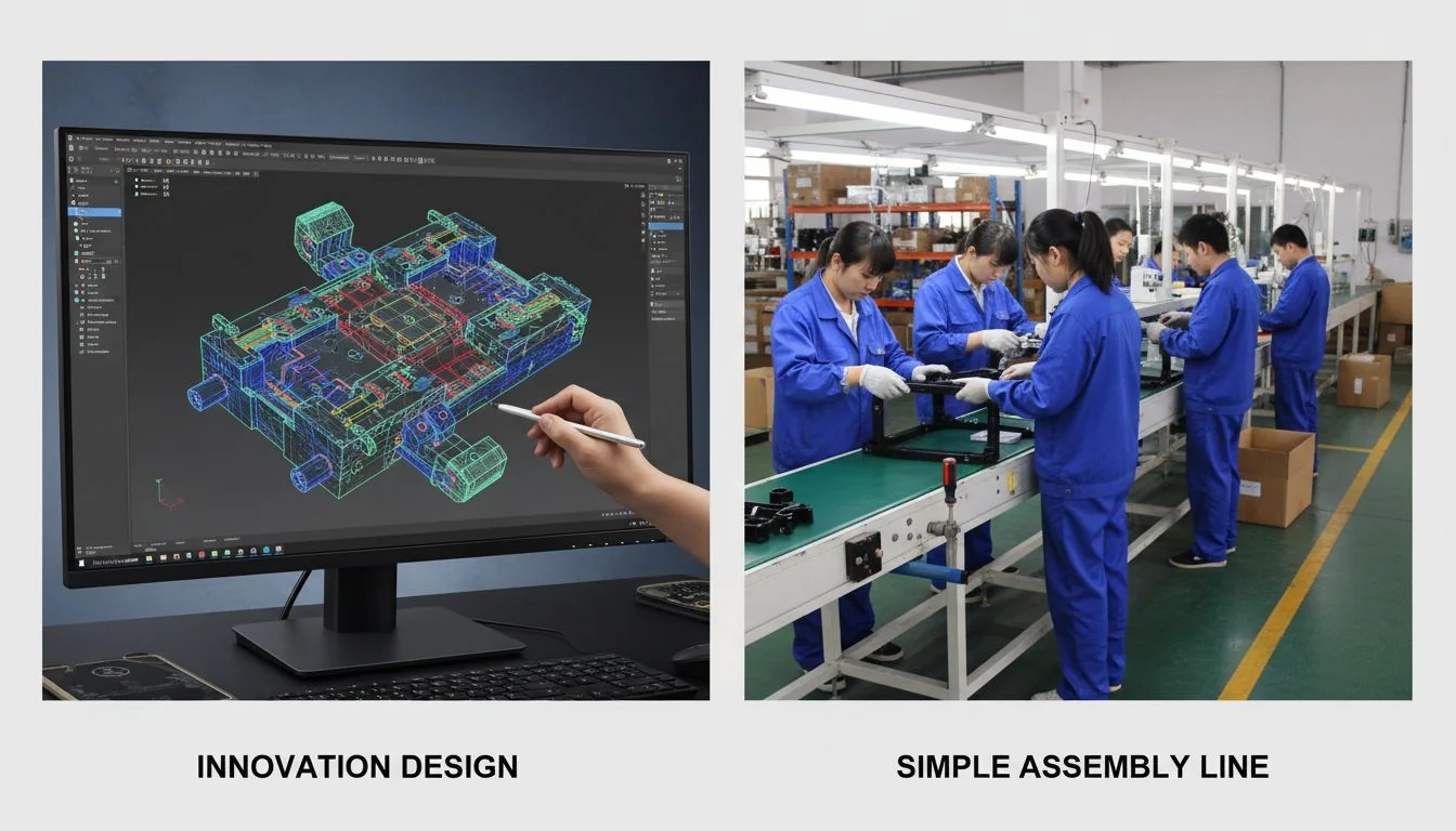 A split image showing a complex mold design on a computer screen on one side, and a simple assembly line on the other.