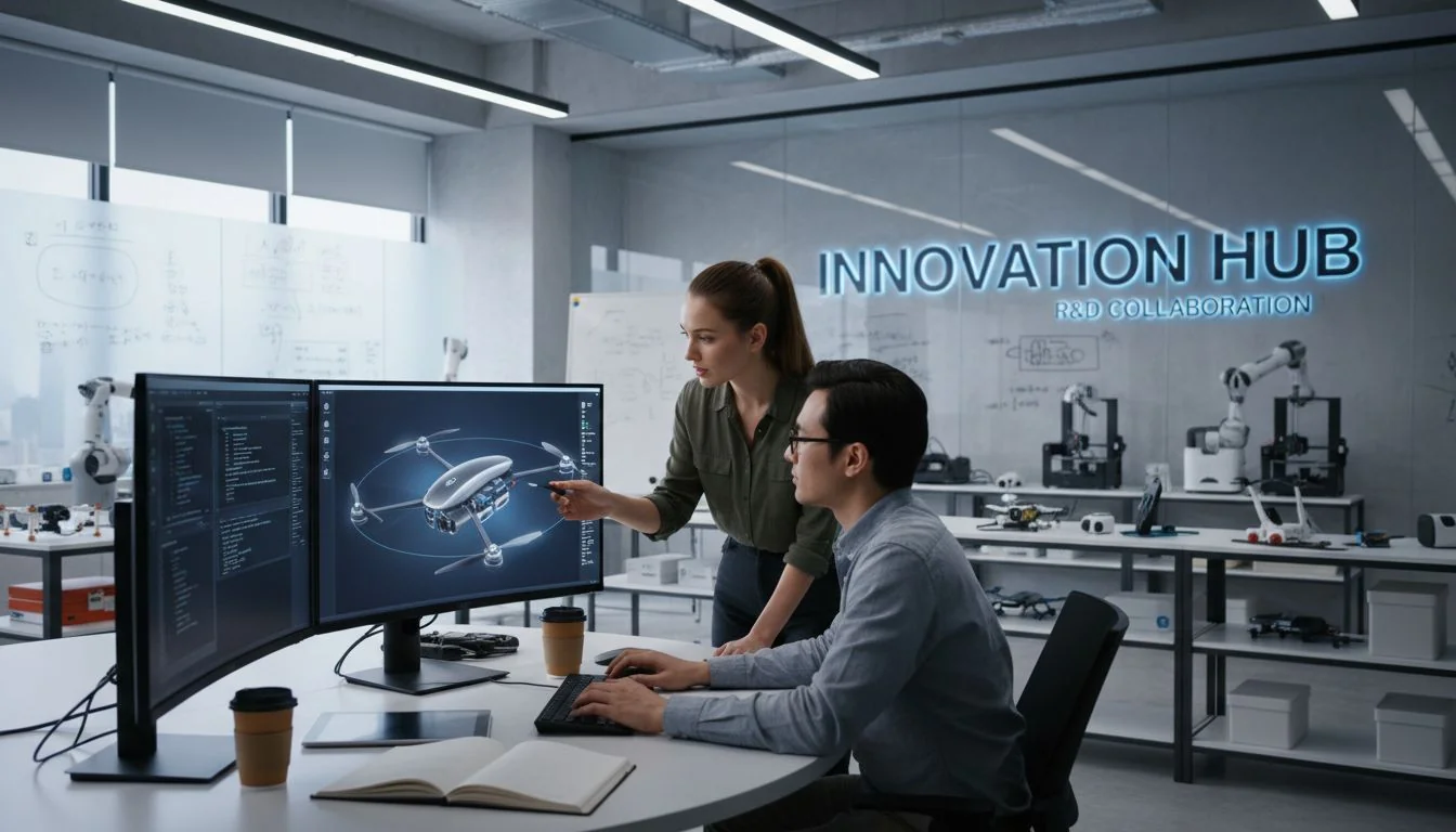 A designer and engineer collaborating over a 3D model on a computer in a modern R&D lab.