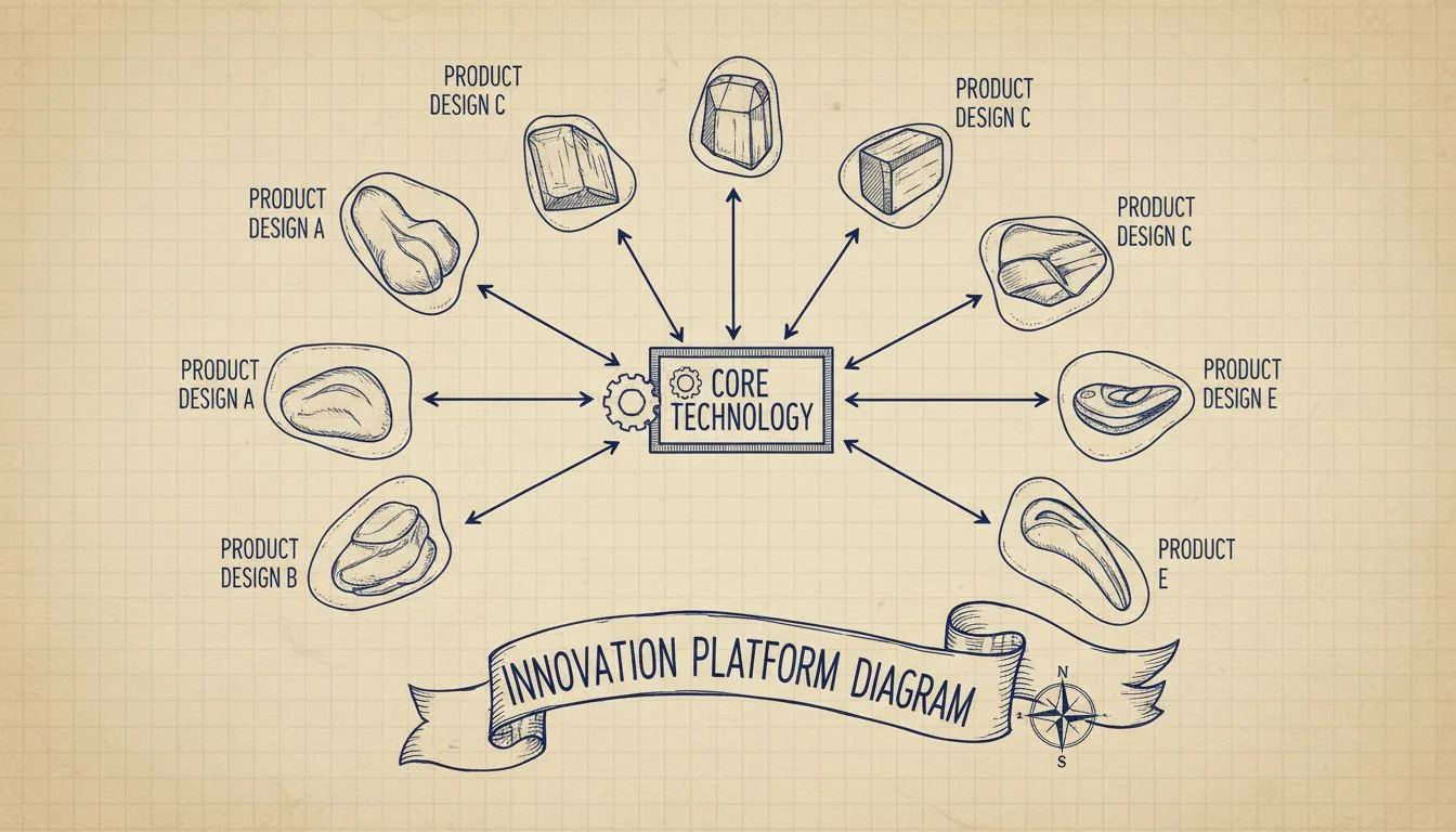 Innovation Platform Diagram A diagram showing a central 'core technology' block with arrows pointing to different product designs and shells.