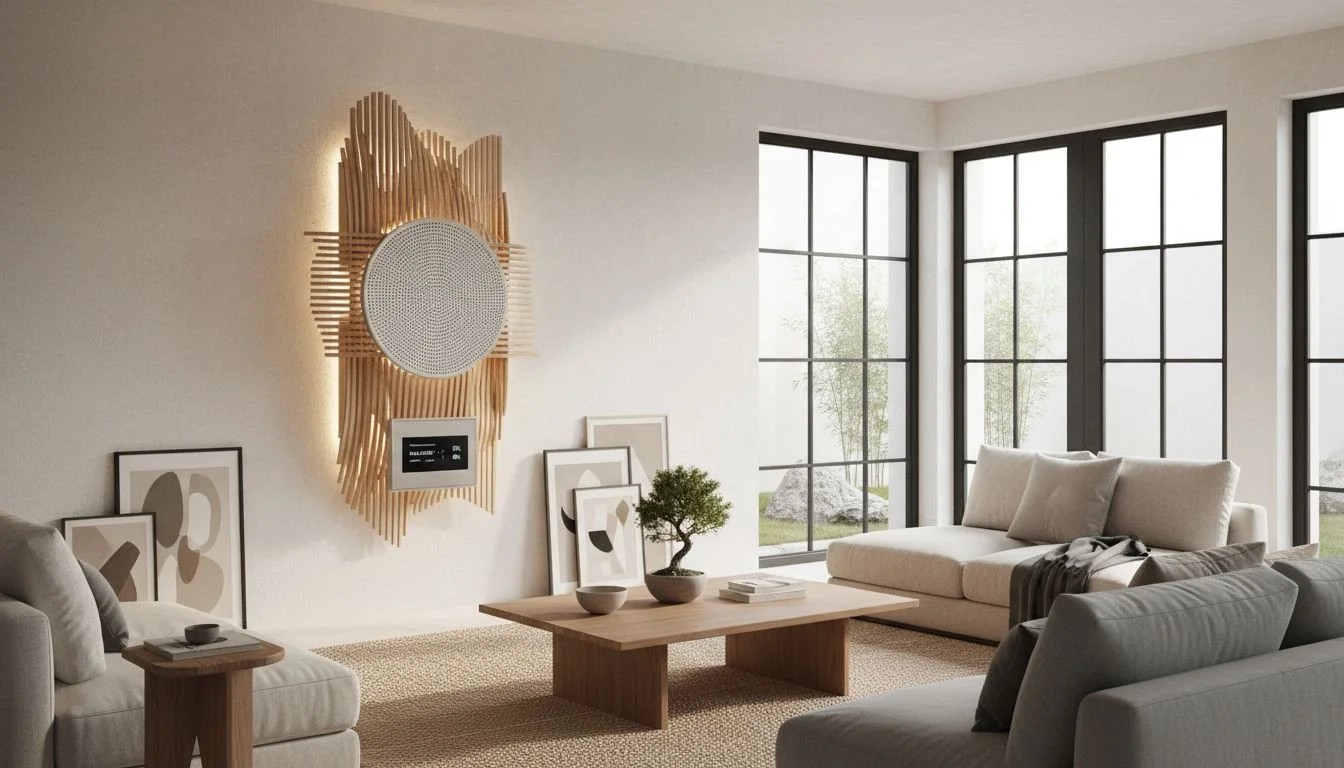 modern artistic wall mounted air purifier in a japandi living room