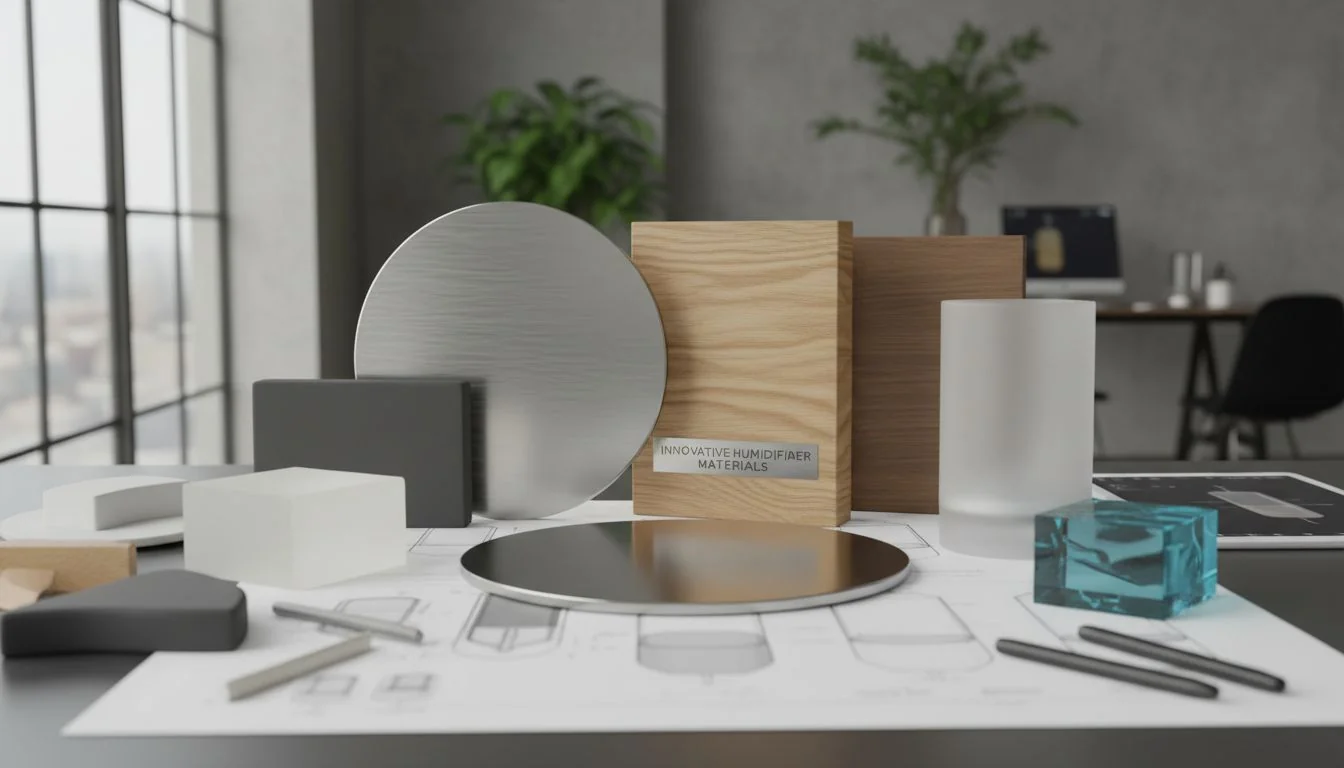 A designer's desk showing material samples, including brushed stainless steel, wood textures, and high-grade polymers.