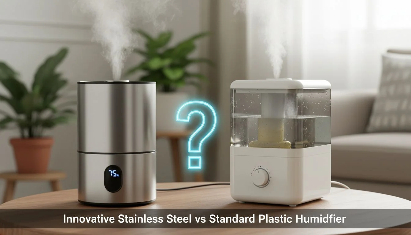 Innovative stainless steel vs standard plastic humidifier A sleek, stainless steel humidifier next to a generic white plastic one, with a question mark between them