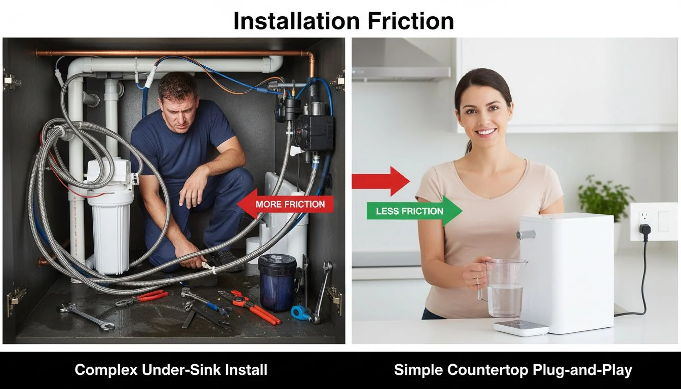 Side-by-side comparison of a complex under-sink install vs. a simple countertop plug-and-play