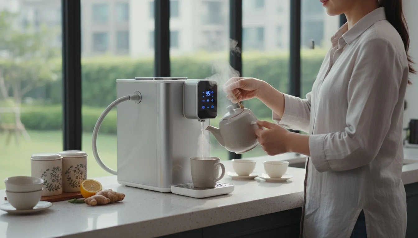 Instant Hot Water Feature woman using countertop water purifier for tea