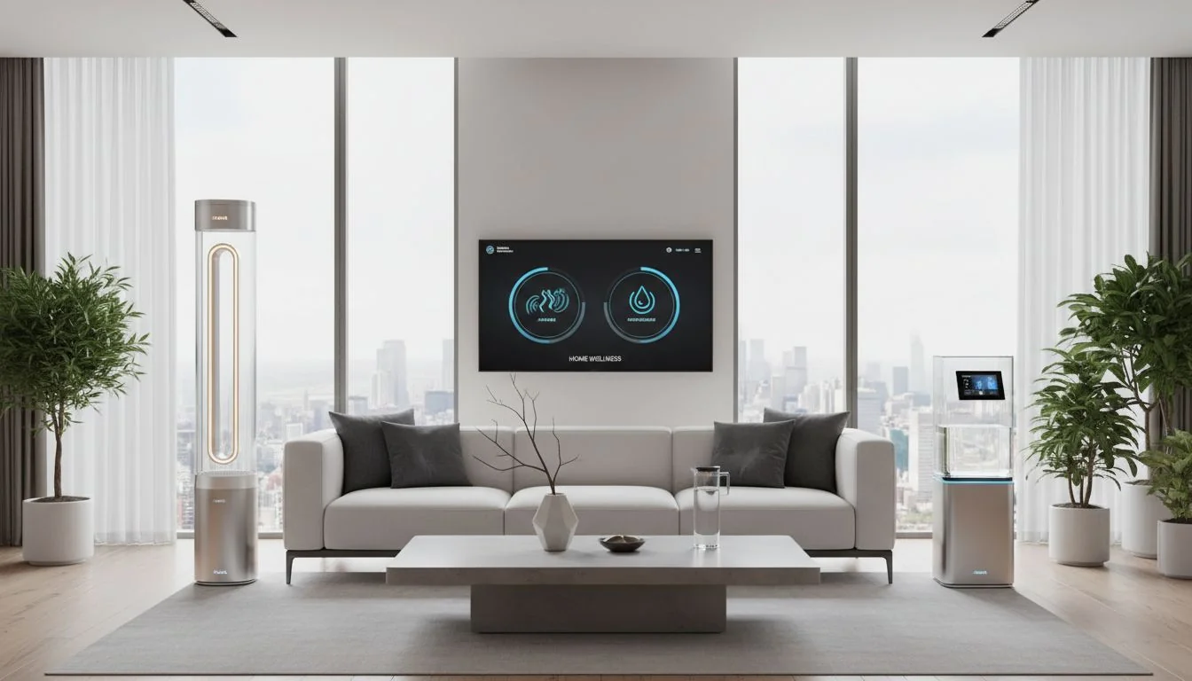 Modern living room with matching air and water purifiers