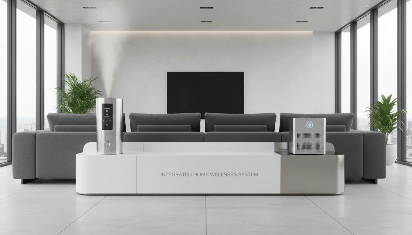 Integrated Home Wellness System A sleek, modern living room featuring an integrated home wellness system with a stainless steel humidifier and an air purifier working in tandem.