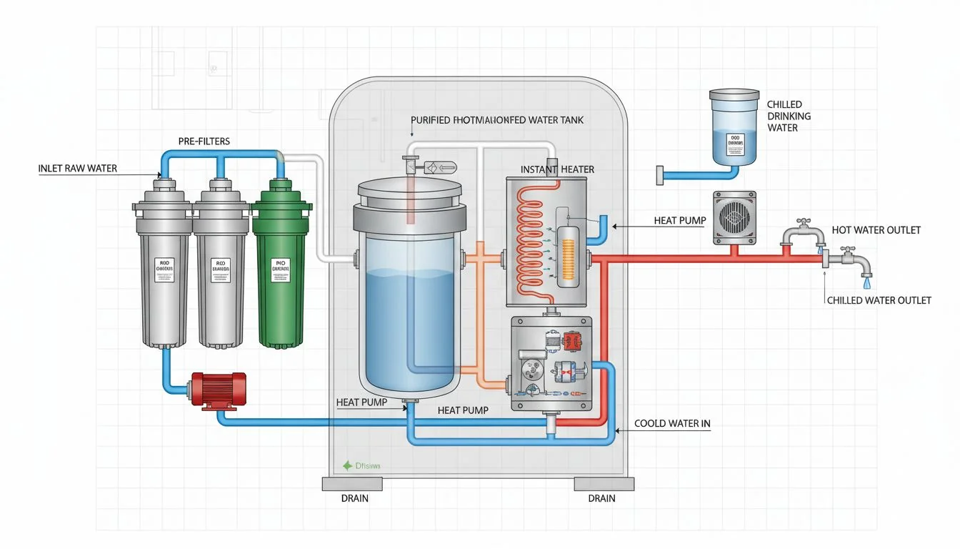 integrated hydro-thermal system cross-section of an instant hot RO system