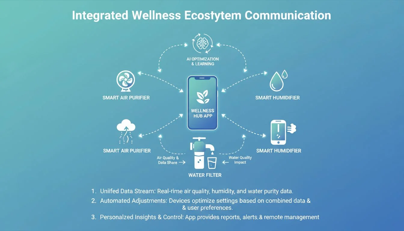 Integrated Wellness Ecosystem Communication An infographic illustrating how an air purifier, humidifier, and water filter communicate with each other and a central app.