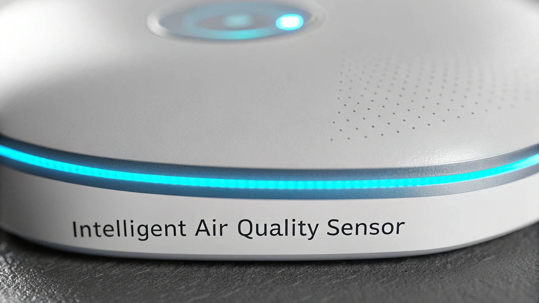 A close-up shot of a sleek, modern air quality sensor with a glowing blue light.