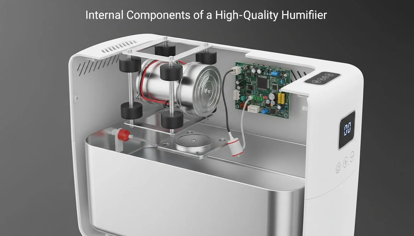 Internal Components of a High-Quality Humidifier Cutaway view of a humidifier showing the stainless steel water tank and the motor with rubber mounts.