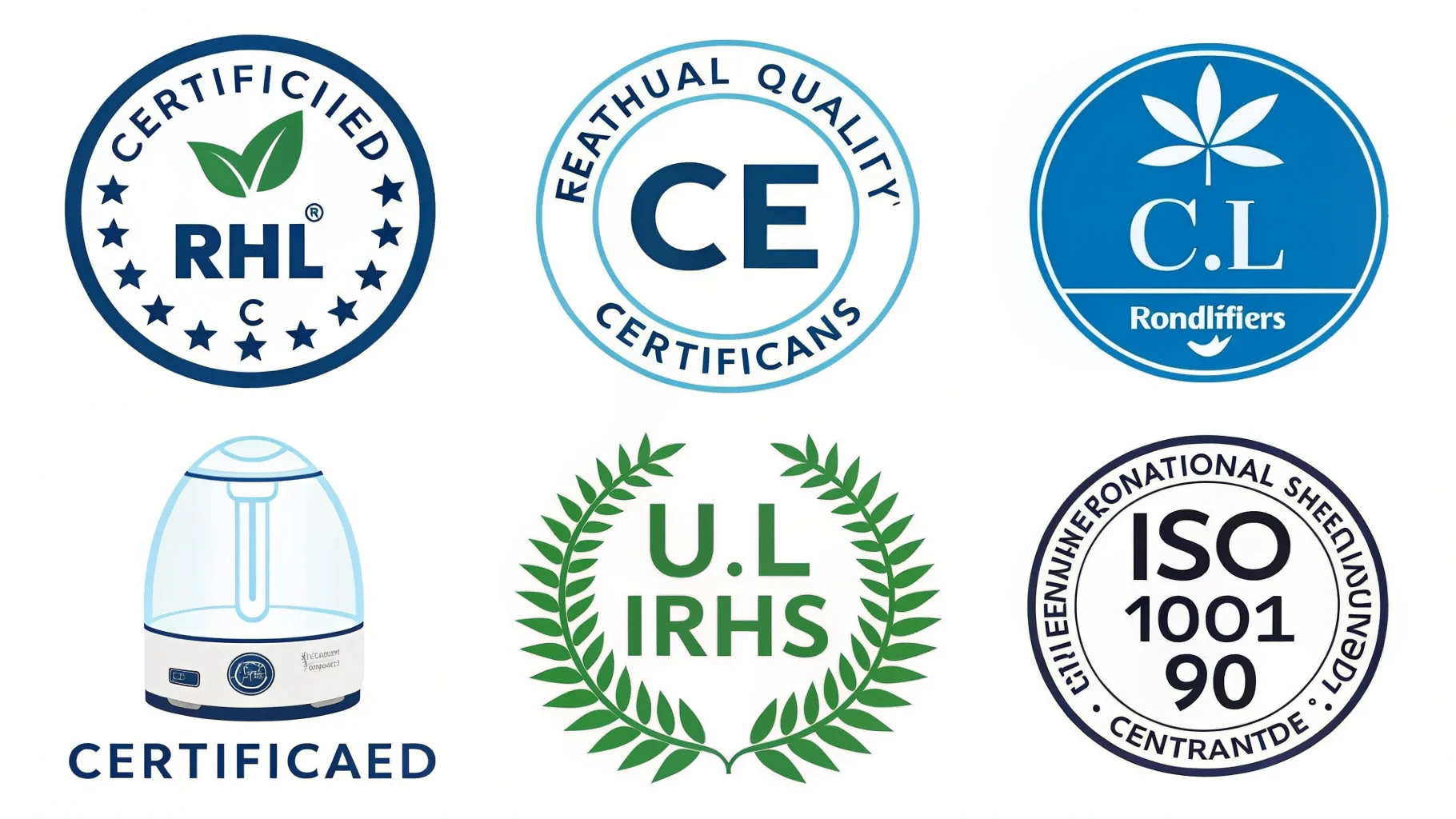 A collage of certification logos like CE, RoHS, UL, ETL, and ISO 9001