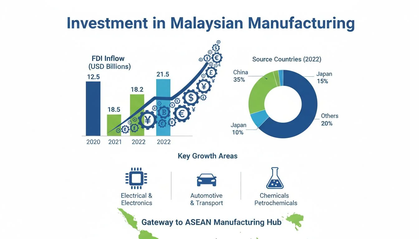 Investment in Malaysian Manufacturing Infographic showing foreign direct investment into Malaysia's manufacturing sector