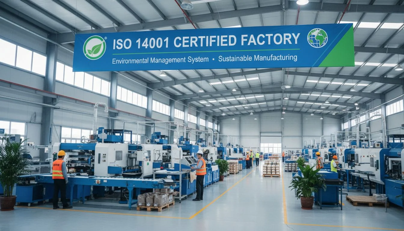 ISO 14001 certified factory factory floor with ISO 14001 certification banner