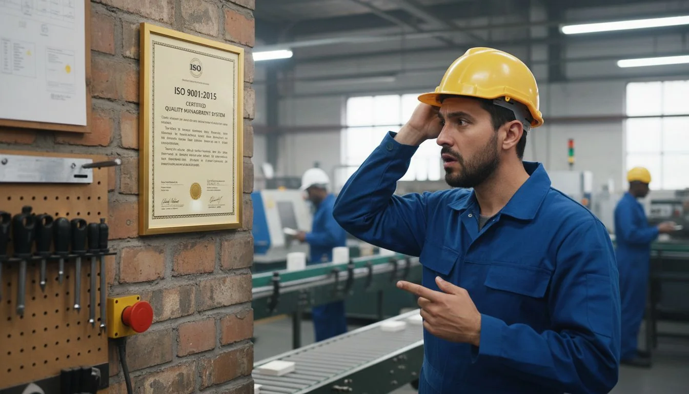 A person looking confused at an ISO 9001 certificate on a factory wall