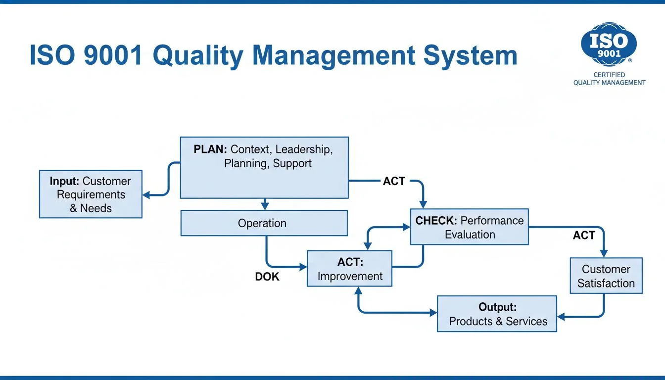A flowchart diagram illustrating a quality management system process, with an ISO 9001 logo in the corner.