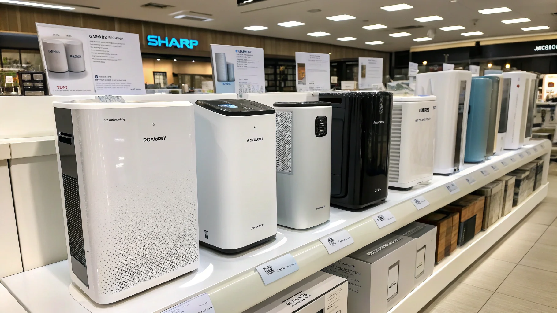 Store shelf displaying air purifiers from Sharp, Coway, and Cado