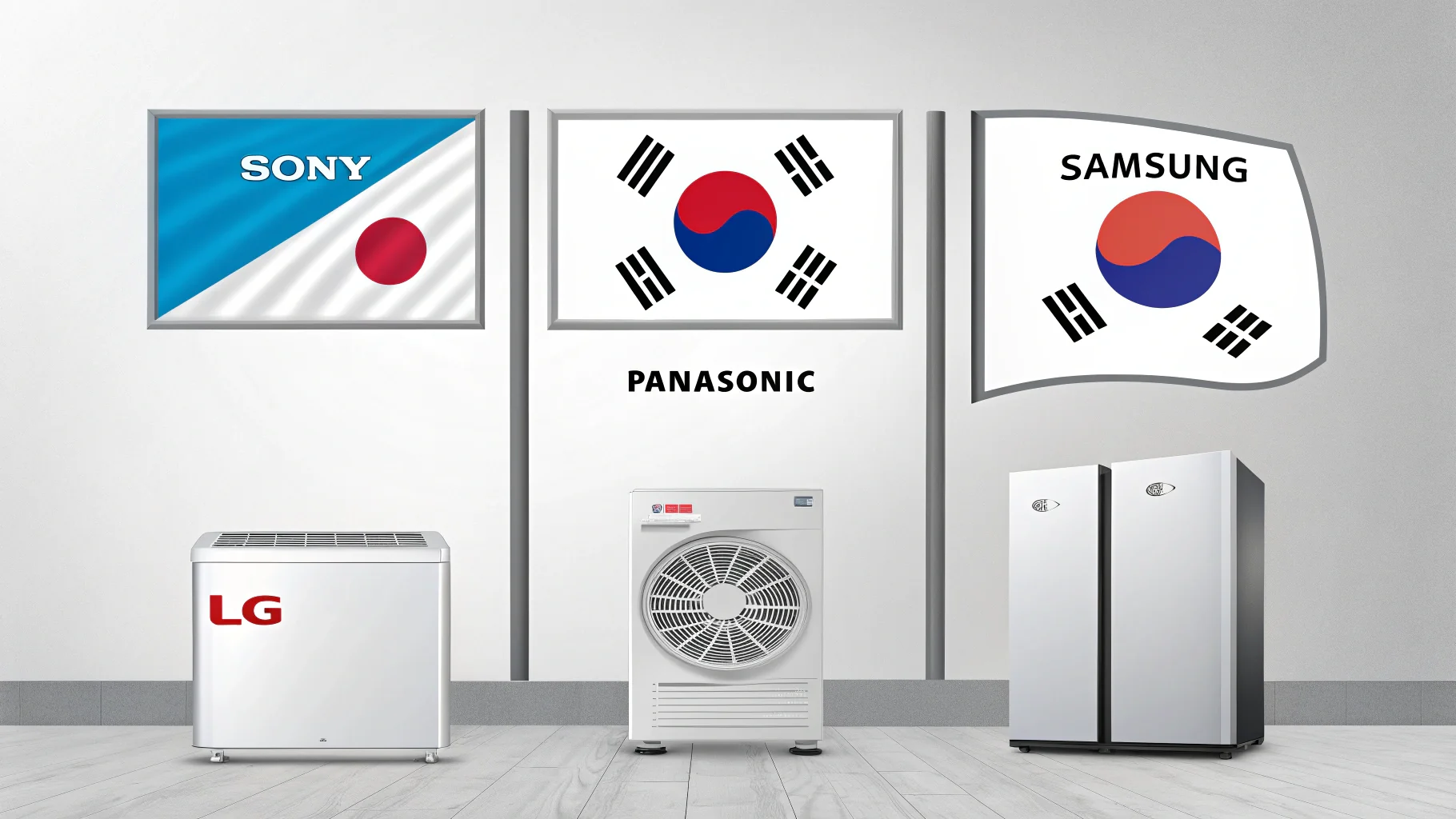 Logos of several well-known Japanese and Korean electronics brands.