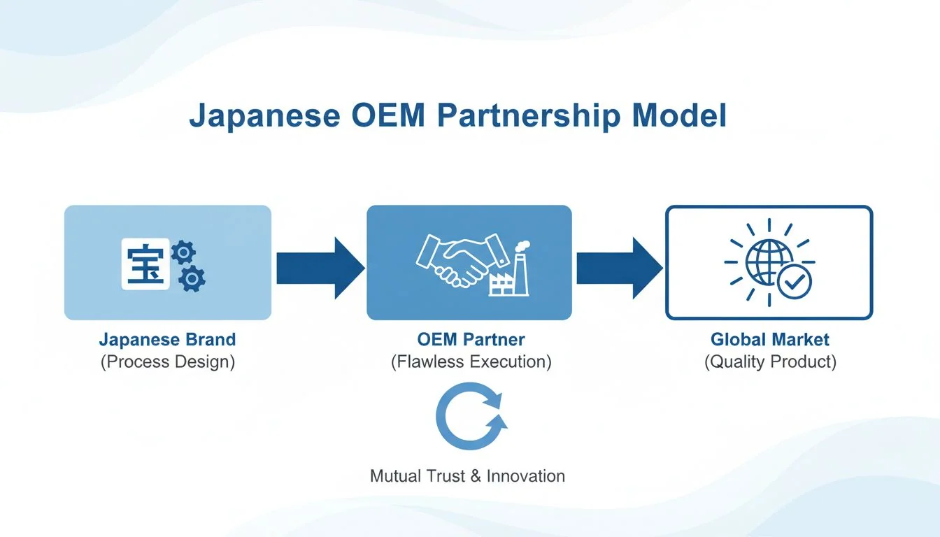 Japanese OEM Partnership Model An infographic showing the flow from Japanese Brand (Process Design) to OEM Partner (Flawless Execution) to Global Market (Quality Product).