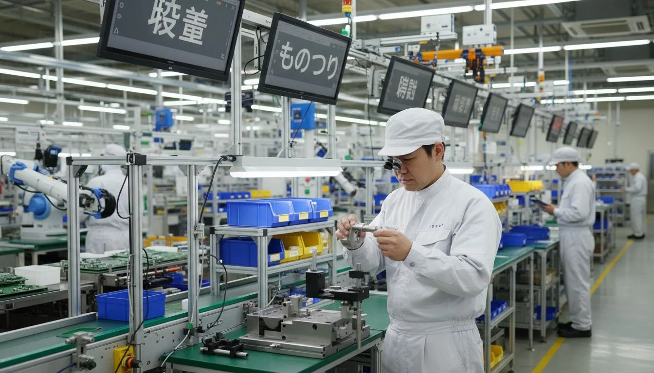 Kaizen and Monozukuri in Action A Japanese engineer meticulously inspecting a part on a clean, organized assembly line.